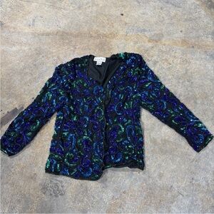 Vintage Laurence Kazar Multi Color Evening Beaded Jacket Purple Green Sequin